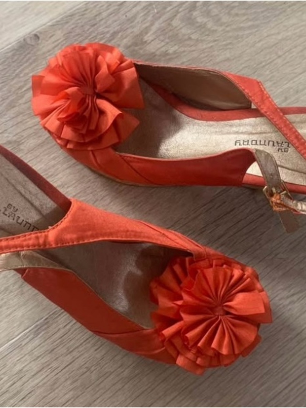 Laundry By Shelli Segal Orange Peep-Toe Slingback Heels with Floral Rosettes